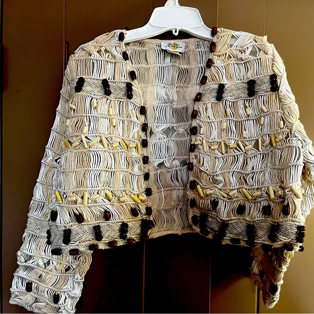 Vintage SANDy STARKMAN Cottagecore macrame & beaded cropped jacket Size L